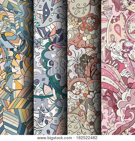 Set Of Tracery Colorful Seamless Patterns.