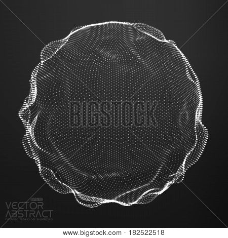 Abstract vector monochrome mesh sphere on dark background. Futuristic style card. Elegant background for business presentations. Corrupted point sphere. Chaos aesthetics.