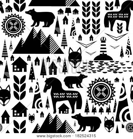 Scandinavian seamless pattern with mountains swedish houses fir-trees horse bear leaves. Abstract black and white background. Stock vector.