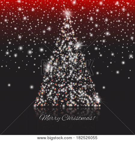 Merry Christmas and Happy New Year Christmas tree on and lights on the black background. Stock vector