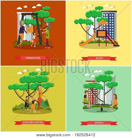 Vector set of kindergarten kids posters. Upbringer, Slide, Kindergarten and Swing flat style design elements.