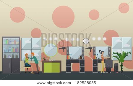 Vector illustration of professional body piercer performing piercing, hairdresser doing hair of her client. Flat style design.