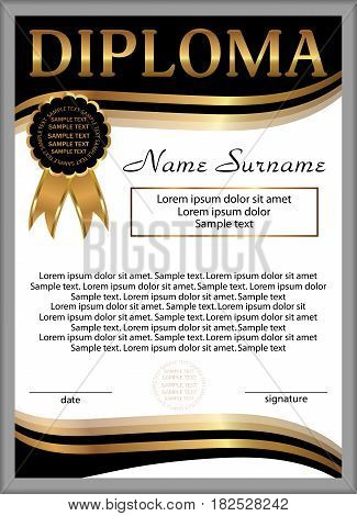 Diploma or certificate template. Vertical background. Winning the competition. Reward. Vector illustration.