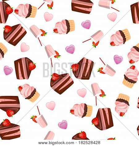 Very high quality original trendy vector seamless pattern with a strawberry chocolate pancake and milkshake