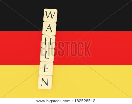 Politics News Concept: Letter Tiles Wahlen Meaning Election in German Language On Germany Flag 3d illustration