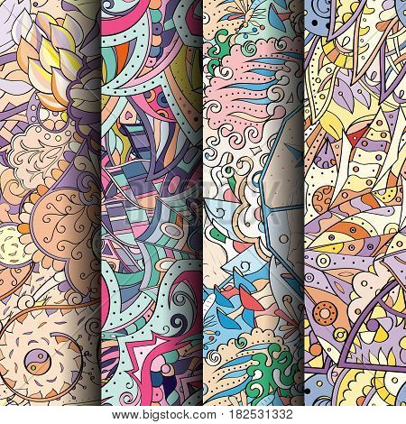 Set Of Tracery Colorful Seamless Patterns.