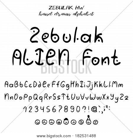Hand drawn alphabet written font in style of alien lettering: upper- and lowcase latin letters numbers some punctuation and emoticons of aliens. Vector illustration