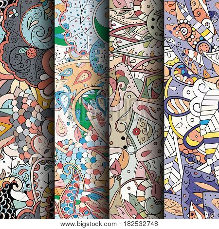 Set Of Tracery Colorful Seamless Patterns.