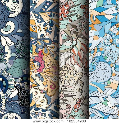 Set Of Tracery Colorful Seamless Patterns.