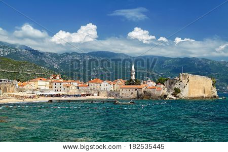 Panoramic view of the Budva Riviera travel destination from the beach Mogrenof the fortress of the Old Town. Budva - one of the best preserved medieval cities in the Mediterranean. Montenegro, Europe