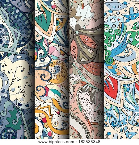 Set Of Tracery Colorful Seamless Patterns.
