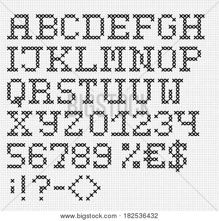 Black Stitched English Font With Numbers And Symbols On Cloth Texture. Vector Set. Isolated On White
