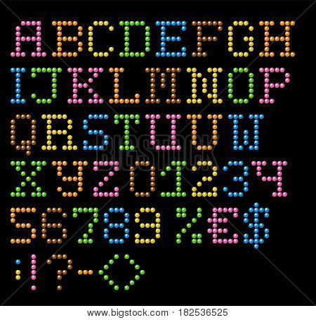 Jewellery English Alphabet With Numbers And Symbols. Vector Set Of The Characters From Beads.