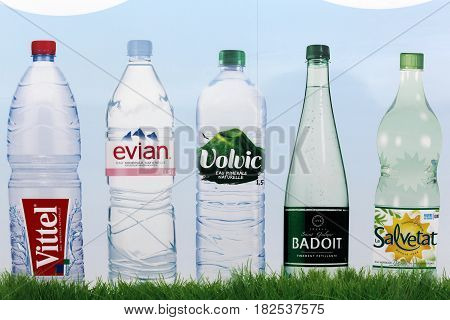 Saint Georges, France - February 10, 2017: Bottled water brands in France on a wall