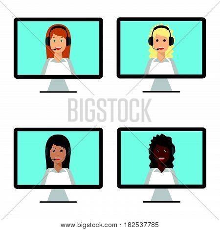 4 woman with headphones on computer monitor screen. Technical support call center online customer live support webinar conference training and education concept. Flat design graphic elements.