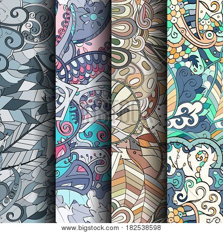 Set Of Tracery Colorful Seamless Patterns.