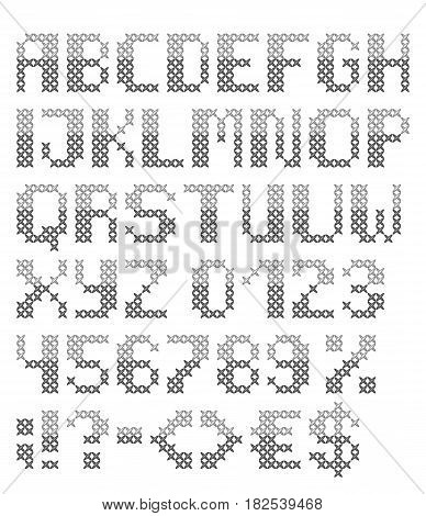 Grey cross stitched english font with numbers and symbols. Vector set. Isolated on white background