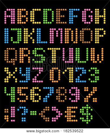 Jewellery english alphabet with numbers and symbols. Vector set of the characters from beads.