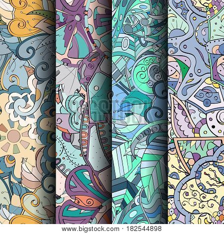 Set Of Tracery Colorful Seamless Patterns. Curved Doodling Backgrounds For Textile Or Printing With
