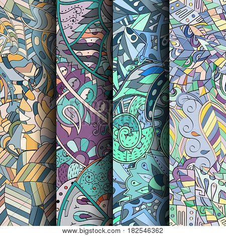 Set Of Tracery Colorful Seamless Patterns.