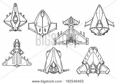 Set of hand drawn spacecraft spaceship designs concept art in black and white