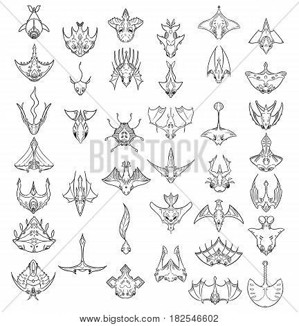 Large Set of 38 hand drawn cartoon monsters and creatures in top down view