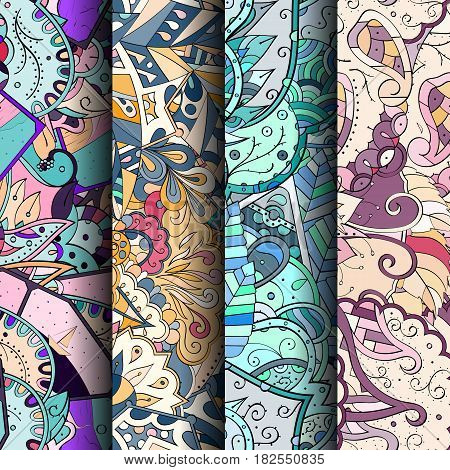 Set Of Tracery Colorful Seamless Patterns. Curved Doodling Backgrounds For Textile Or Printing With