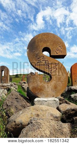 All letters of the Armenian alphabet at the foot of the mountains