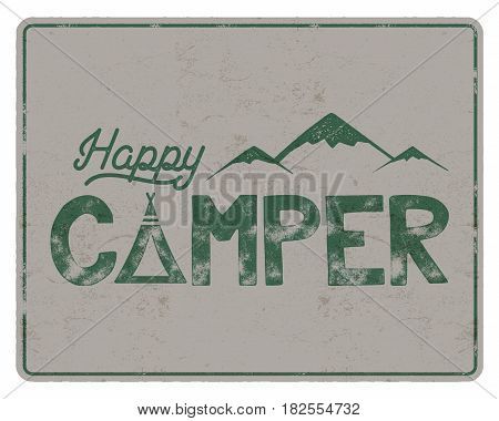 Happy camper poster template. Tent, mountains and text sign. Retro colors design. Hiking emblem. Stock vector isolated on white background.