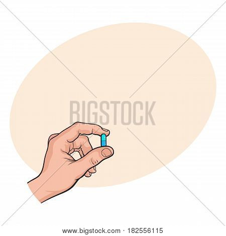 Hand holding two piece blue gelatin capsule by two fingers, side view sketch style vector illustration with space for tex. Drawing of hand holding pill, capsule, medicine by two fingers
