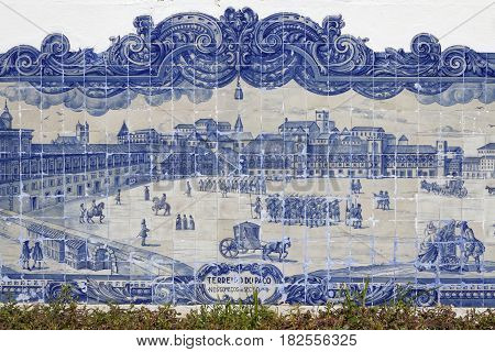 Lisbon, Portugal, April 5, 2017 : Praca Do Commercio Landscape On Azulejos Of St Luzia Church. Azule