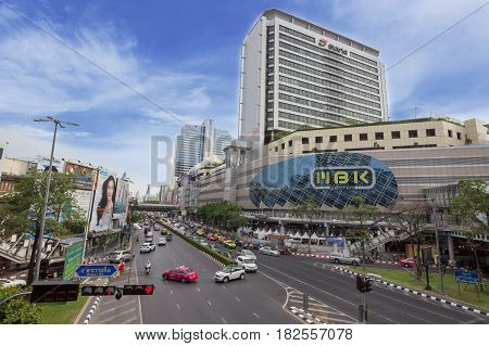 BANGKOK THAILAND - MAY 16: Cityscape of the outside of MBK Shopping Center. MBK Shopping Center is one of the most popular shopping malls in Bangkok.