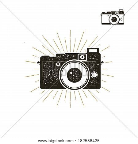 Hand drawn vintage camera label with sunbursts. Old style camera icon isolated on white background. Good for tee shirt, clothing prints, mugs, travel pennant designs. Stock vector