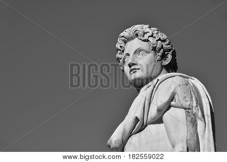 Ancient roman statue of Dioskouri at the top of Capitoline Hill in Rome made in the 1st century BC (Black and White with copy space)
