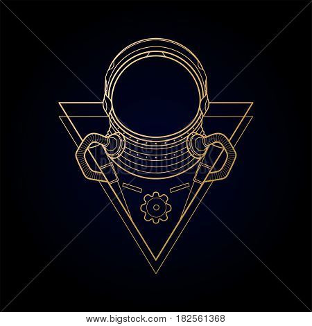 Graphic austronaut in the shape of triangle drwan in line art style. Vector art in golden colors isolated on dark background