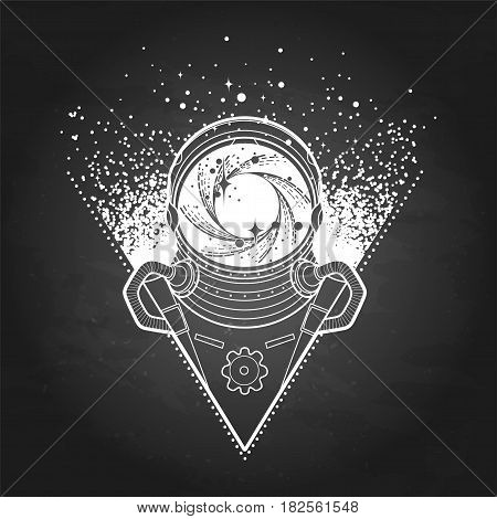 Graphic austronaut with black hole and starry vortex inside his helmet. Vector art isolated on the chalkboard