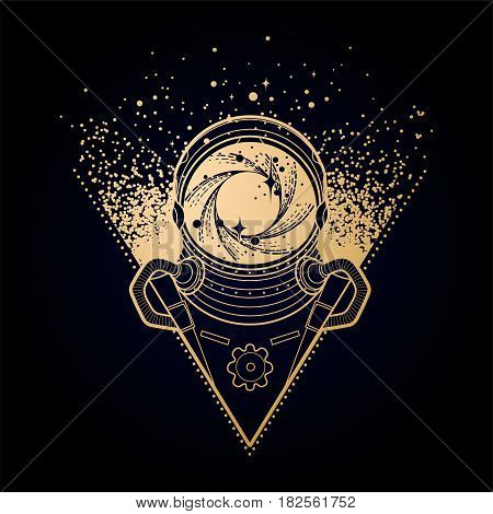 Graphic austronaut with black hole and starry vortex inside his helmet. Vector art in golden colors isolated on dark background