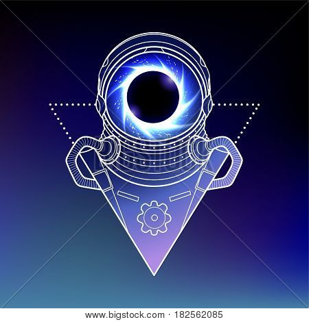 Graphic austronaut with black hole and starry vortex inside his helmet. Vector isolated art in blue colors