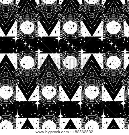 Graphic austronaut in the shape of triangle surrounded by stars. Vector seamless pattern. Coloring book design for adults