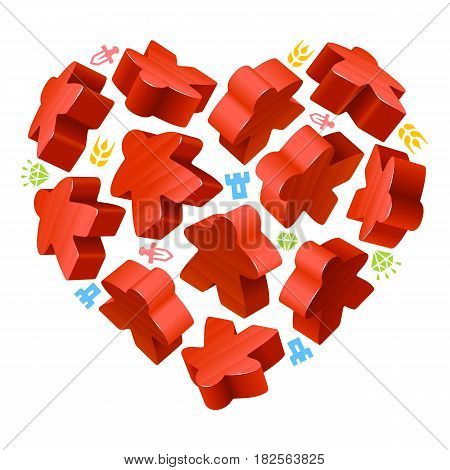 Vector game pieces in the shape of heart. Red wooden meeples, and resources counter icons isolated on white background. Concept of love by board games