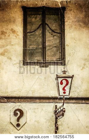 Old photo with question Mark kafana the most old traditional tavern in Belgrade city. Vintage processing.