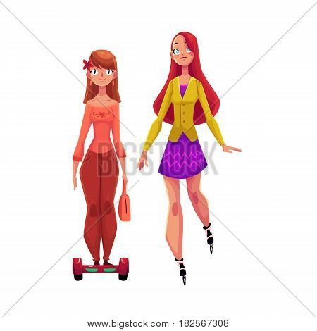 Two pretty girls, women, one roller skating, another riding gyro scooter, personal urban transport, cartoon vector illustration isolated on white background. Girls riding push scooter, roller skating