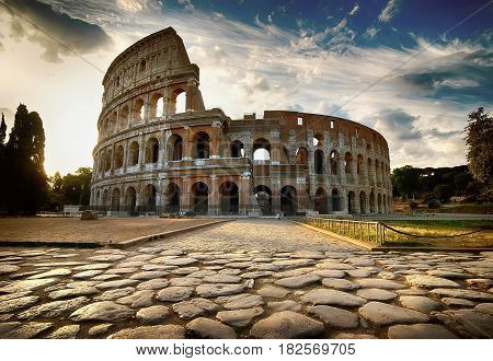 Cloudy dawn over roman Colosseum in Italy