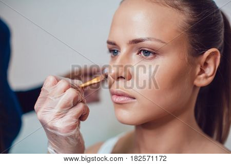 Professional make-up artist makes makeup of model. Beauty and fashion concept. Close up.