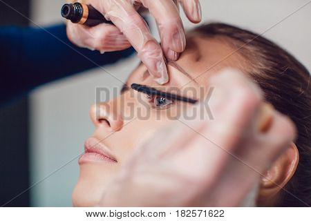 Professional make-up artist makes eye makeup of model. Beauty and fashion concept. Close up.