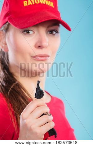 Lifeguard Woman In Cap On Duty With Whistle.