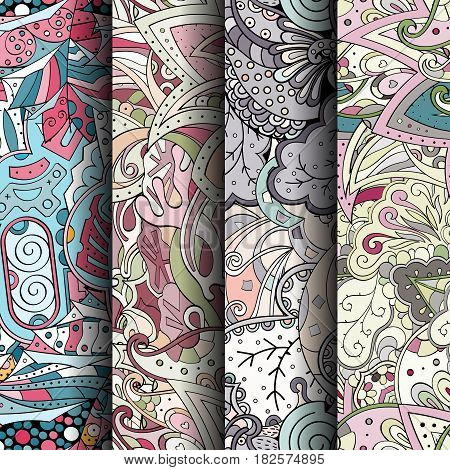 Set Of Tracery Colorful Seamless Patterns. Curved Doodling Backgrounds For Textile Or Printing With