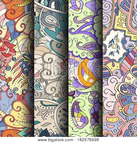 Set Of Tracery Colorful Seamless Patterns. Curved Doodling Backgrounds For Textile Or Printing With