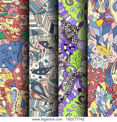 Set Of Tracery Colorful Seamless Patterns. Curved Doodling Backgrounds For Textile Or Printing With