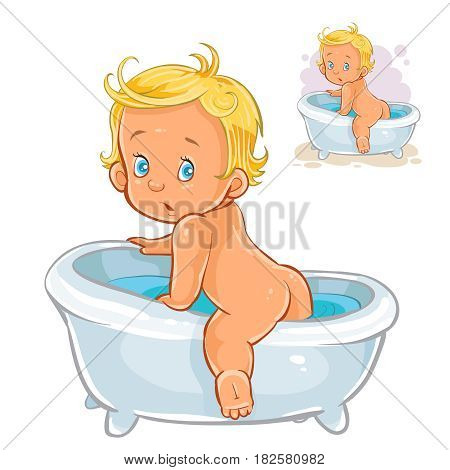 Vector illustration of small child crawls out of the bath isolated on white